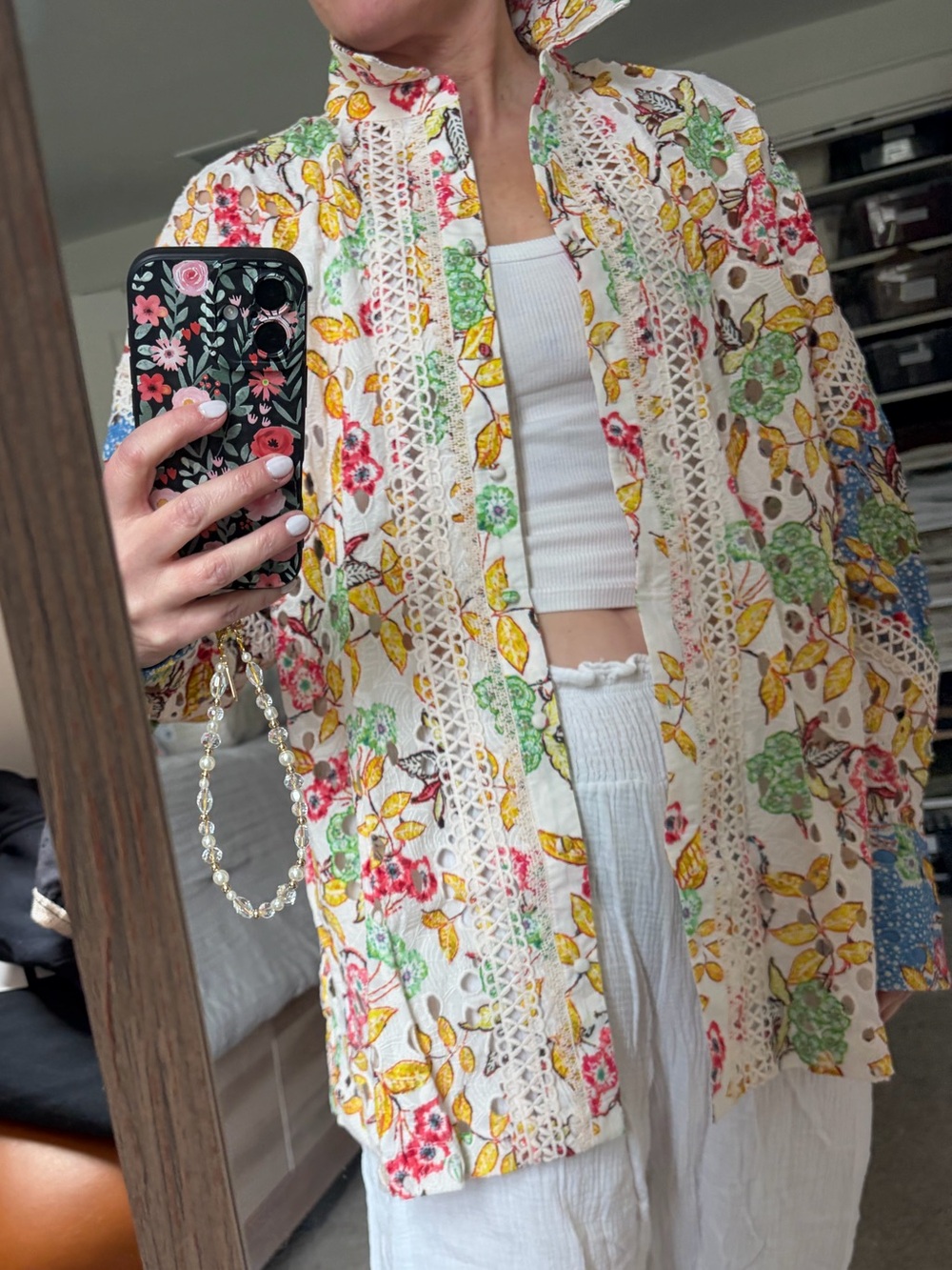 HEMANT & NANDITA Floral Eyelet shirt in White, Yellow, Green, Pink size M NWT